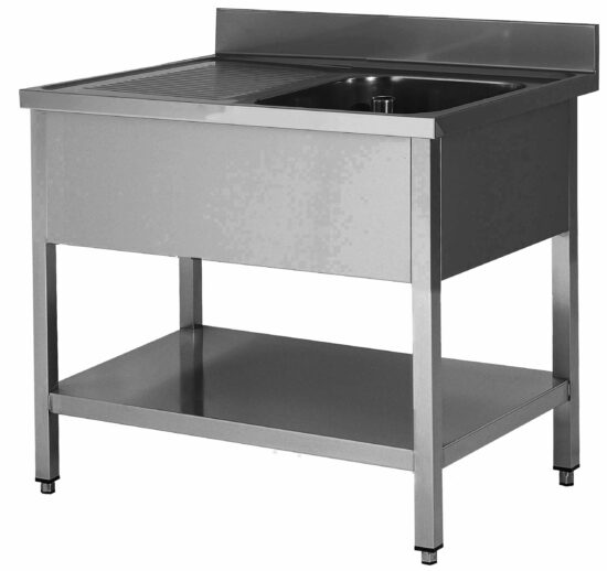 PLONGE INOX 304 DEMONTABLE, 1 BAC 500X400X250 MM PIEDS CARRES, EGOUTTOIR A GAUCHE , ETAGERE BASSE