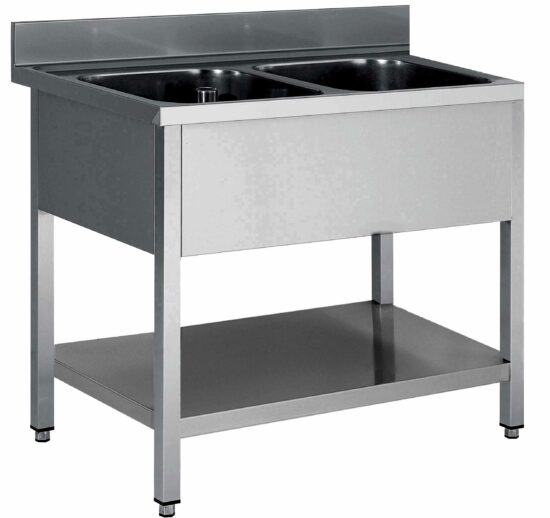 PLONGE INOX 304 DEMONTABLE, 2 BACS 600X500X300 MM PIEDS CARRES, SANS EGOUTTOIR , ETAGERE BASSE