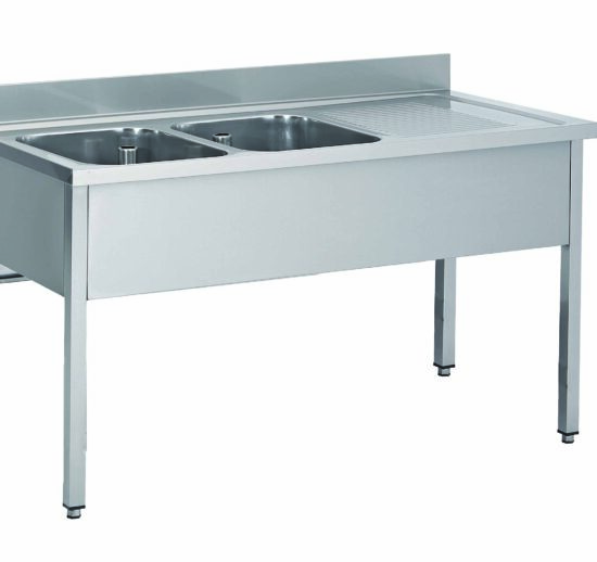 PLONGE INOX 304 DEMONTABLE, 2 BACS 400X500X250 MM PIEDS CARRES, EGOUTTOIR A DROITE