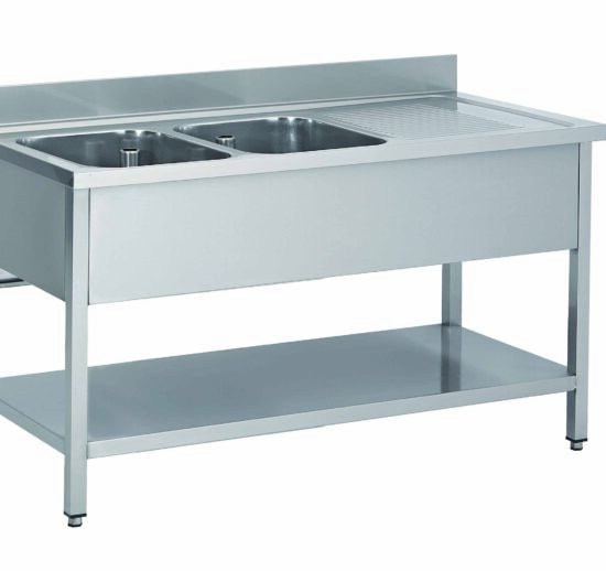 PLONGE INOX 304 DEMONTABLE, 2 BACS 400X500X250 MM PIEDS CARRES, EGOUTTOIR A DROITE , ETAGERE BASSE