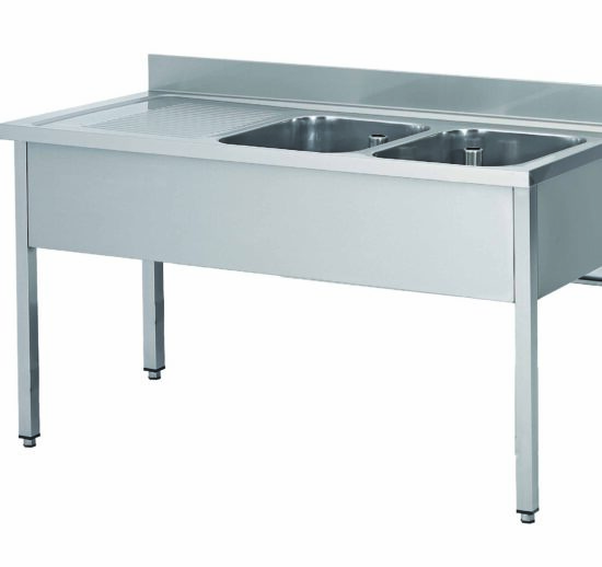 PLONGE INOX 304 DEMONTABLE, 2 BACS 400X400X250 MM PIEDS CARRES, EGOUTTOIR A GAUCHE