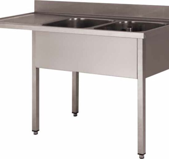 PLONGE INOX 304 DEMONTABLE ENCASTREMENT LV,2 BACS 500X500X300 MM, PIEDS CARRES, EGOUTTOIR A GAUCHE