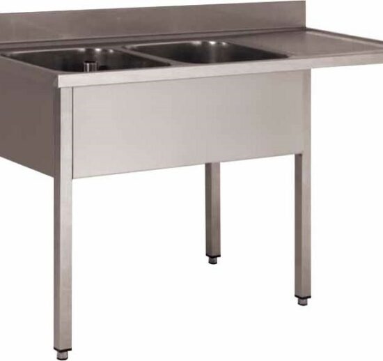 PLONGE INOX 304 DEMONTABLE ENCASTREMENT LV,2 BACS 500X500X300 MM, PIEDS CARRES, EGOUTTOIR A DROITE