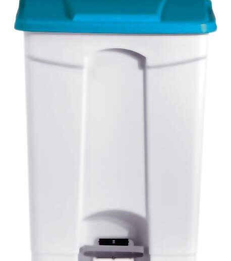 POUBELLE BLANCHE POLYPROPYLENE 90L COUVERCLE BLEU ROULANTE, COUVERCLE BLEU