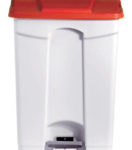 POUBELLE BLANCHE POLYPROPYLENE 90L COUVERCLE ROUGE ROULANTE, COUVERCLE ROUGE