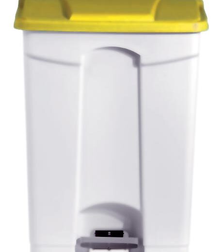 POUBELLE BLANCHE POLYPROPYLENE 90L COUVERCLE JAUNE ROULANTE, COUVERCLE JAUNE