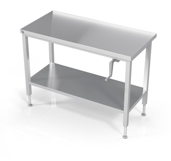 TABLE INOX SOUDEE INOX 304 CENTRALE CONFOR'TABLE + ETAGERE, REGLABLE EN HAUTEUR PAR MANIVELLE