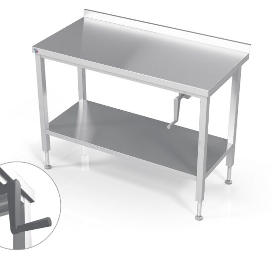 TABLE INOX SOUDEE INOX 304 ADOSSEE CONFOR'TABLE + ETAGERE, REGLABLE EN HAUTEUR PAR MANIVELLE