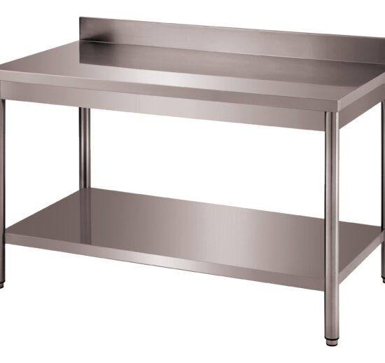 TABLE ADOSSEE DEMONTABLE INOX 304, PIEDS RONDS AVEC ETAGERE BASSE