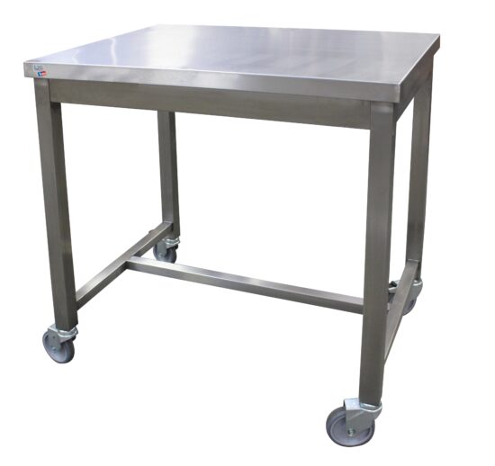 TABLE DE SERVICE INOX SOUDEE, CENTRALE, 4 ROUES DONT 2 A FREINS