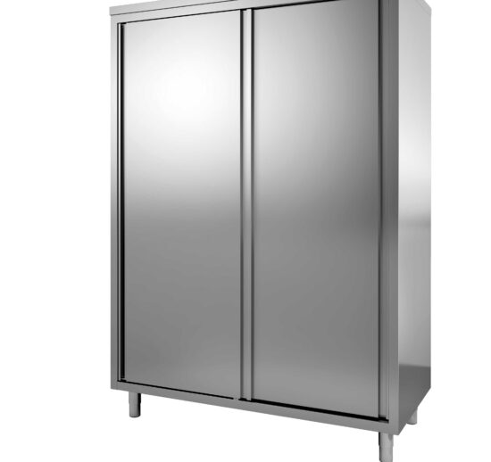 ARMOIRE INOX 304, PORTES COULISSANTES DOUBLEES TOIT PLAT, 3 ETAGERES REGLABLES