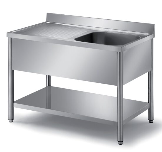 PLONGE DEMONTABLE INOX 304, 2 BACS 400X400X250MM PIEDS RONDS, EGOUTTOIR A GAUCHE AVEC ETAGERE BASSE