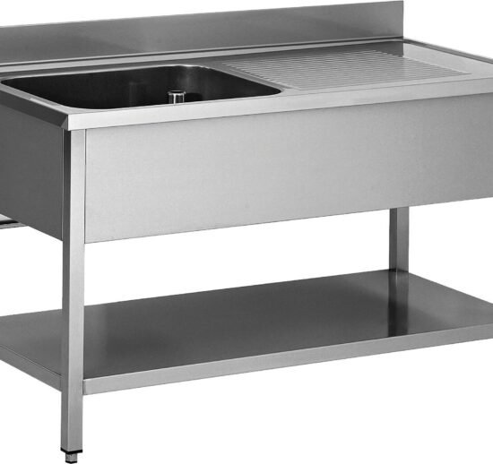 PLONGE INOX SOUDEE, 1 BAC 500X500X300 MM EGOUTTOIR A DROITE AVEC ETAGERE BASSE