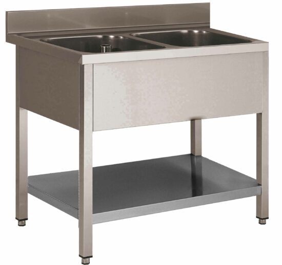 PLONGE INOX SOUDEE, 2 BACS 600X500X300 MM SANS EGOUTTOIR, AVEC ETAGERE BASSE