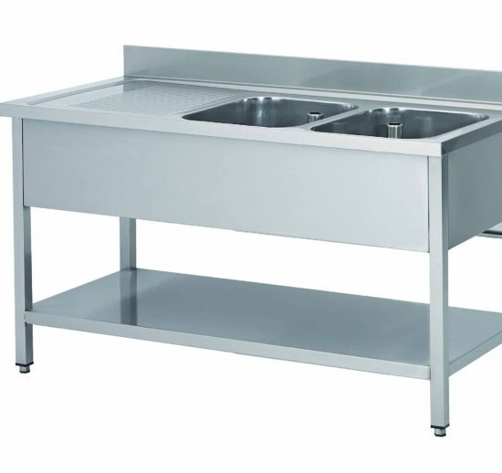 PLONGE INOX SOUDEE, 2 BACS 600X500X300 MM EGOUTTOIR A GAUCHE AVEC ETAGERE BASSE