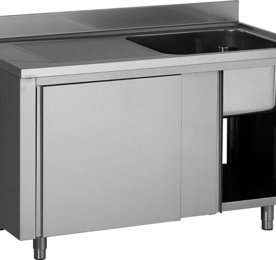 PLONGE PLACARD INOX, 1 BAC 500X500X300 MM, 1 EGOUTTOIR A GAUCHE, PORTES COULISSANTES DOUBLEES