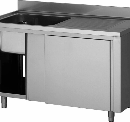 PLONGE PLACARD INOX, 1 BAC 500X500X300 MM, 1 EGOUTTOIR A DROITE, PORTES COULISSANTES DOUBLEES