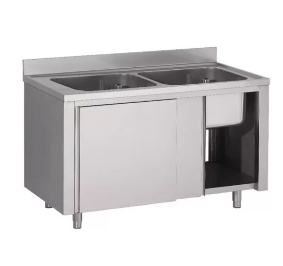 PLONGE PLACARD INOX, 2 BACS 500X400X250 MM, SANS EGOUTTOIR, PORTES COULISSANTES DOUBLEES