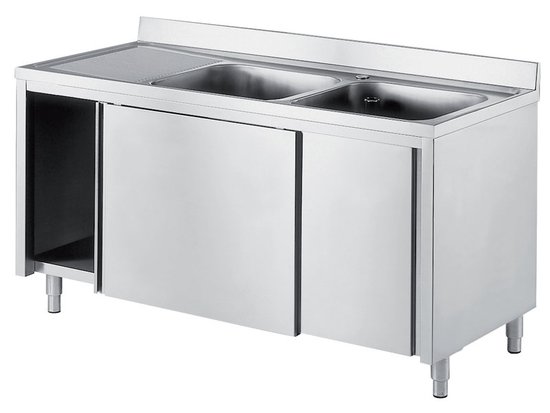 PLONGE PLACARD INOX 304 2 BACS 600X500X300 MM 1 EGOUTTOIR A GAUCHE, PORTES COULISSANTES DOUBLEES