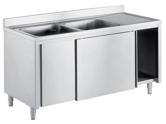 PLONGE PLACARD INOX, 2 BACS 500X400X250 MM, 1 EGOUTTOIR A DROITE, PORTES COULISSANTES DOUBLEES