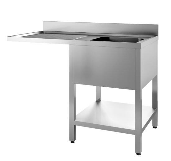 PLONGE INOX SOUDEE, ENCASTREMENT LV BAC DROITE 1 BAC 400X500X250, EGOUTTOIR A GAUCHE AVEC ETAGERE