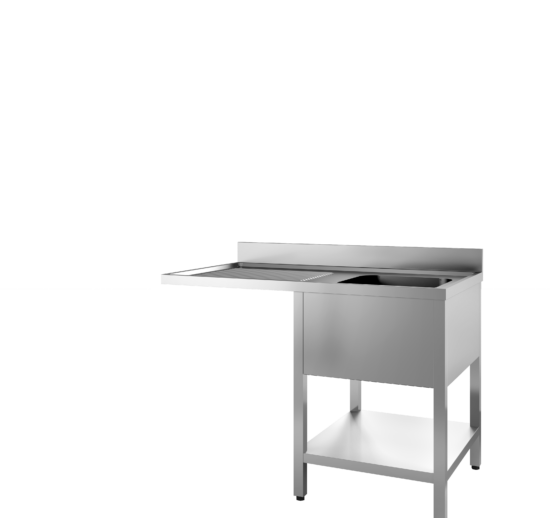 PLONGE INOX 304 SOUDEE, ENCASTREMENT LV 600 MM A GAUCHE, 1 BAC 400X500X250 A DROITE, AVEC ETAGERE