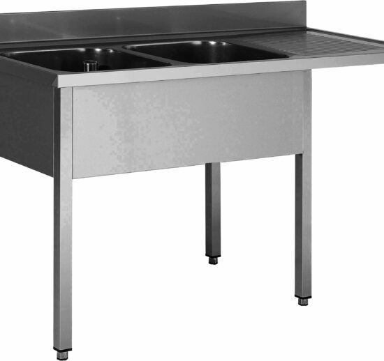 PLONGE INOX SOUDEE, ENCASTREMENT LV BAC GAUCHE 2 BACS 400X500X250 MM, EGOUTTOIR A DROITE