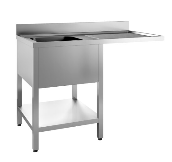 PLONGE INOX 304 SOUDEE, ENCASTREMENT LV 600 MM A DROITE, 1 BAC 400X500X250 A GAUCHE, AVEC ETAGERE