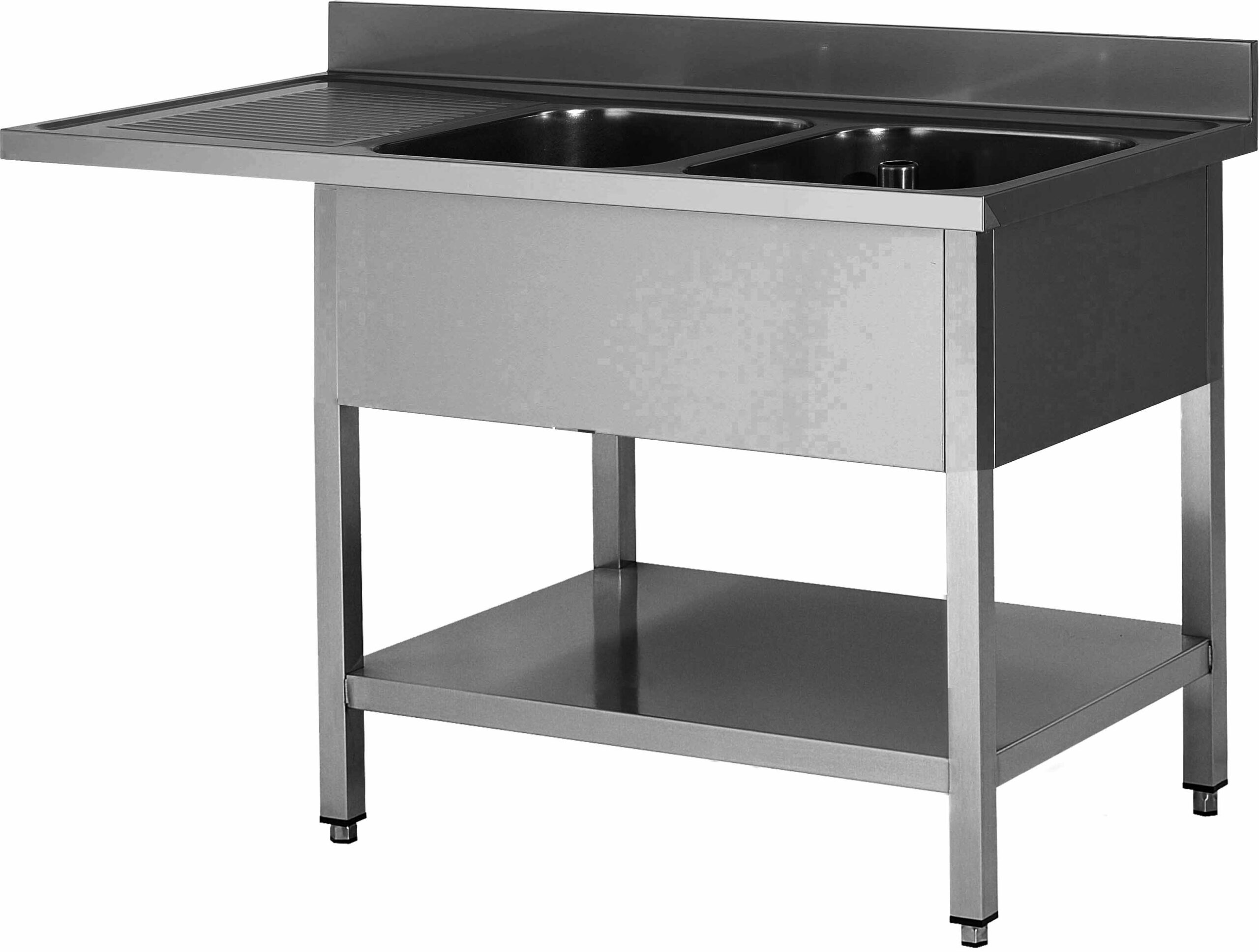 PLONGE INOX 304 SOUDEE, ENCASTREMENT LV BAC DROITE 2 BACS 400X500X250 EGOUTTOIR A GAUCHE AVEC ETAGERE