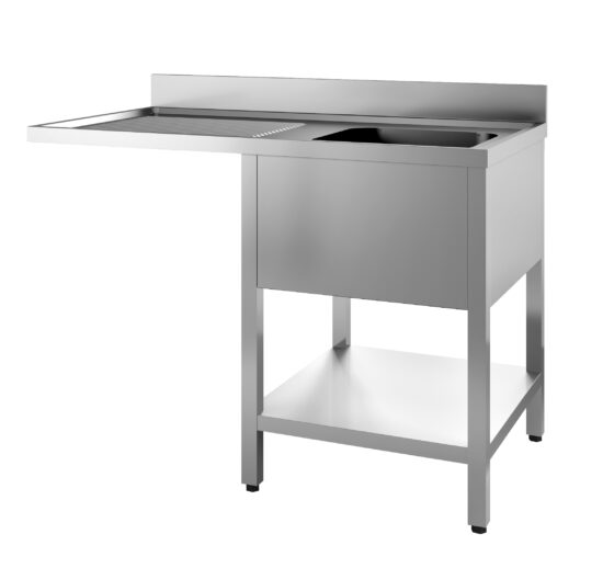 PLONGE INOX SOUDEE, ENCASTREMENT LV BAC DROITE 1 BAC 600X500X300, EGOUTTOIR A GAUCHE AVEC ETAGERE