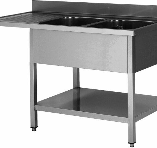 PLONGE INOX SOUDEE, ENCASTREMENT LV BAC DROITE 2 BACS 400X500X250 EGOUTTOIR A GAUCHE AVEC ETAGERE