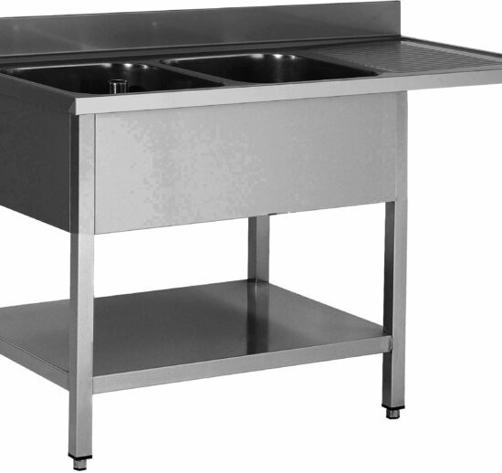 PLONGE INOX SOUDEE, ENCASTREMENT LV BAC GAUCHE 2 BACS 400X500X250 EGOUTTOIR A DROITE AVEC ETAGERE
