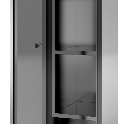 ARMOIRE HAUTE INOX 304, TOIT PENTE, 1 PORTE BATTANTE DOUBLEE, 3 ETAGERES REGLABLES