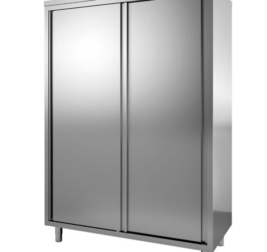ARMOIRE INOX, PORTES COULISSANTES DOUBLEES TOIT PENTE, 3 ETAGERES REGLABLES