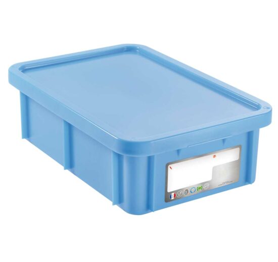 BAC POISSONNERIE BLEU 25L, PAROIS ET FOND PLEINS 600X400 HACCP RECTANGULAIRE AVEC COUVERCLE