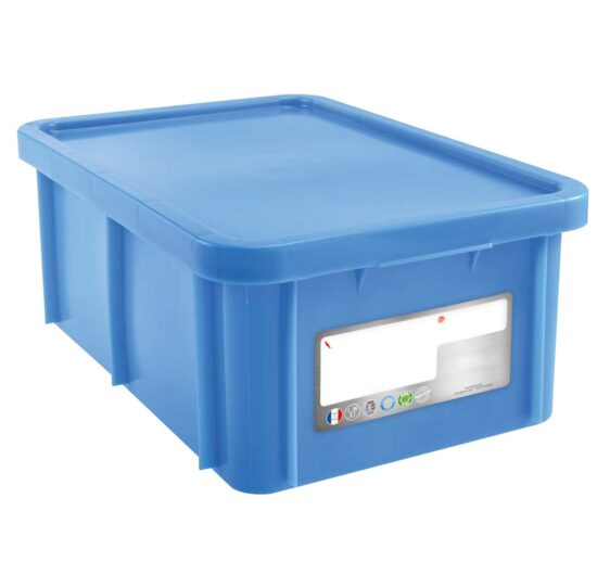 BAC POISSONNERIE BLEU 35L, PAROIS ET FOND PLEINS 600X400 HACCP RECTANGULAIRE AVEC COUVERCLE
