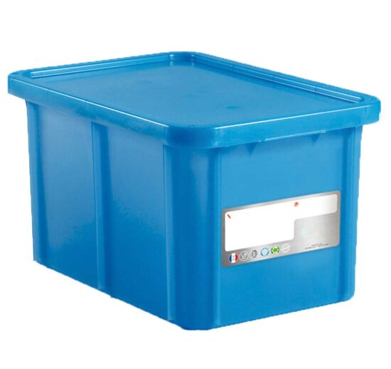 BAC POISSONNERIE BLEU 55L, PAROIS ET FOND PLEINS 600X400 HACCP RECTANGULAIRE AVEC COUVERCLE