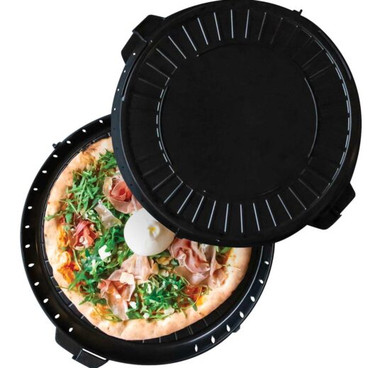 BOITE RONDE REUTILISABLE POUR PIZZA ET PATISSERIES COLORIS NOIR, EN MATIERE PLASTIQUE, POLYETHYLENE