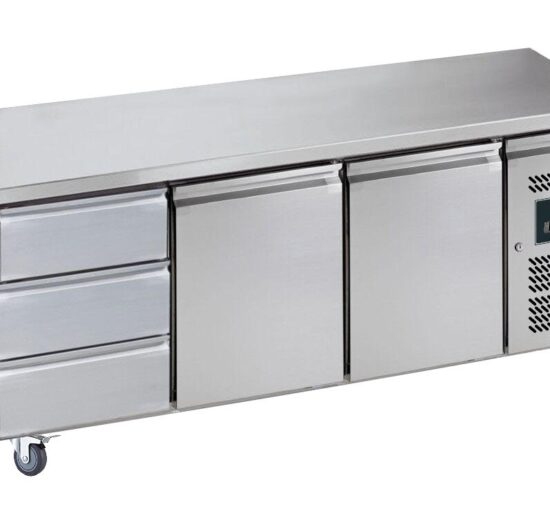 DESSERTE REFRIGEREE INOX CENTRALE -2/+8°C 2 P. GN1/1+1 BLOC 3 TIROIRS, SUR ROULETTES Ø 100MM