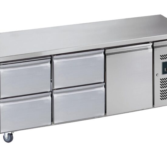 DESSERTE REFRIGEREE INOX CENTRALE -2/+8°C 2 X 2 TIROIRS+1 P. GN1/1, SUR ROULETTES Ø 100MM