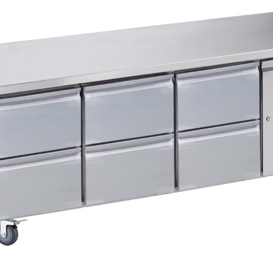 DESSERTE REFRIGEREE INOX CENTRALE -2/+8°C 3X2 TIROIRS, SUR ROULETTES Ø 100MM