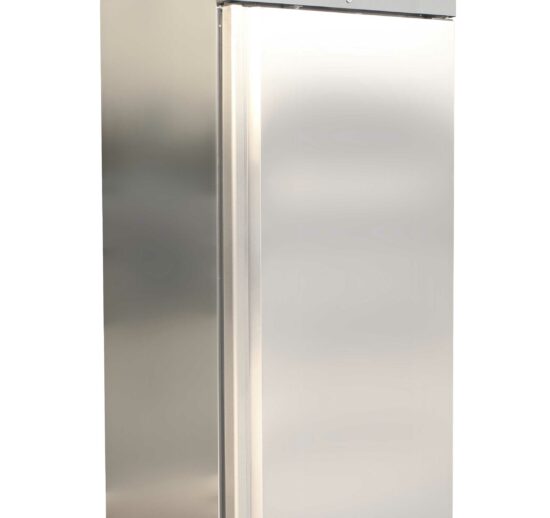 ARMOIRE REFRIGEREE INOX 1 PORTE -18/-22°C, GLISS. EMBOUTIES, 3 GRILLES GN2/1, ROULETTES Ø100 MM