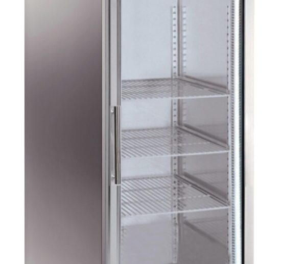 ARMOIRE REFRIGEREE INOX, 1 PORTE VITREE 650 LITRES -2/+8°C, FROID VENTILE, 3 GRILLES GN2/1,