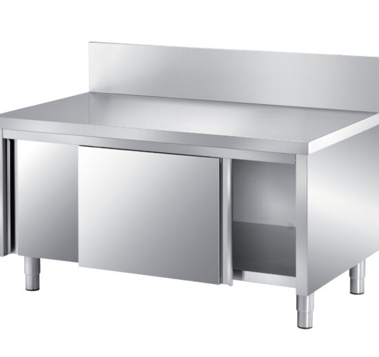 MEUBLE TRANCHEUR INOX 304, DOSSERET 200X20 MM PORTES COULISSANTES DOUBLEES, 1 ETAGERE