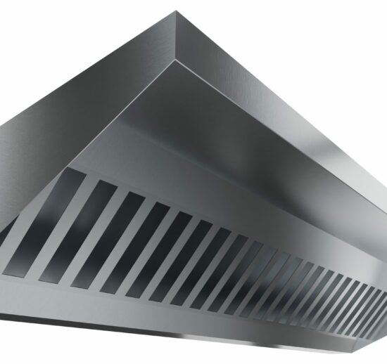 HOTTE MURALE BISEAUTEE, 2 FILTRES, 1300M3/H AVEC ECLAIRAGE LED GAINE 232X208MM AU DESSUS AU CENTRE