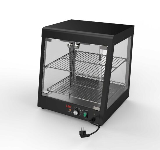 VITRINE CHAUFFANTE TRAVERSANTE NOIRE A POSER 2 NIVEAUX DE PRESENTATION