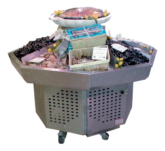 ILOT A COQUILLAGES OCTOGONAL INOX 304 TUBE D.114, 2 ROULETTES D.125+2 VERINS