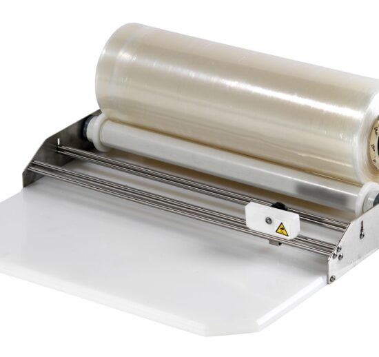 DEROULEUR DE FILM ETIRABLE INOX, AVEC PLAQUE POLY, LAIZE 460 MM, COUPE PAR CUTTER