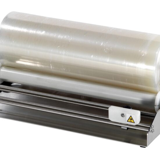 DEROULEUR DE FILM ETIRABLE INOX, SANS PLAQUE POLY, LAIZE 460 MM, COUPE PAR CUTTER