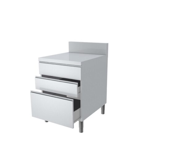 MEUBLE TIROIRS DESSUS INOX + DOSSERET 150X50MM DESSUS EP.40 MM 3 TIROIRS SUPERPOSES